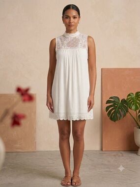 Women's White Lace High-Neck Mini Dress